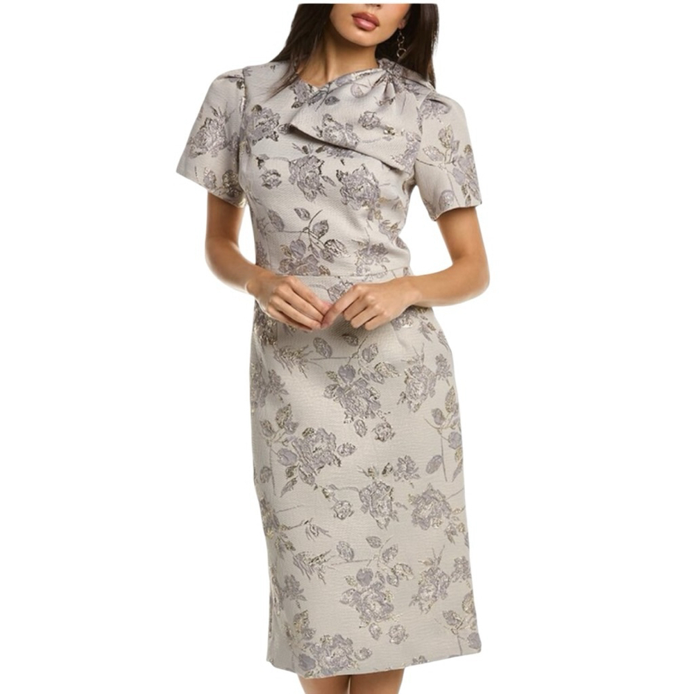 Teri Jon Silver Jacquard Bow Shoulder Sheath Cocktail Dress Size 4